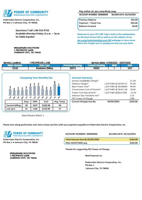 USA Texas Power of Community electricity business utility bill in Word and PDF formats, good for address prove